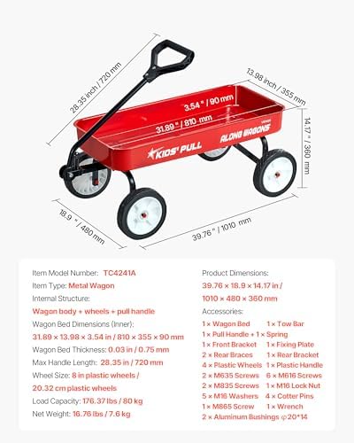 VEVOR 39 inch Pull Along Kids Wagon, Red Rolling Utility Cart Wagons for Kids, Cargo Wagon for Garden, Beach, Camping for Child Present - Image 7