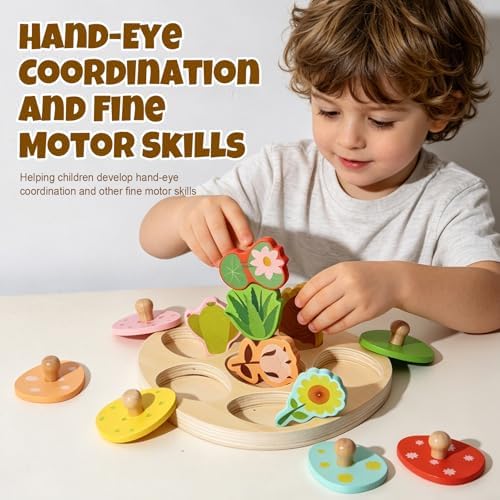 Montessori Flower Matching Eggs Peg Puzzle, Wooden Color Sorting Educational Toy for 1-2 Year Old Boys Girls, Toddler Fine Motor Skills Learning Toy Gifts for 12-18 Months Infants - Image 2