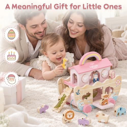 Lehoo Castle Pink Wooden Noah's Ark Toy for 1 Year Old Girl, Baptism Gift - Image 2