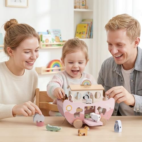 Joyreal Pink Wooden Noah's Ark Toy for 1 Year Old Baby Girl Baptism Gifts - Image 2