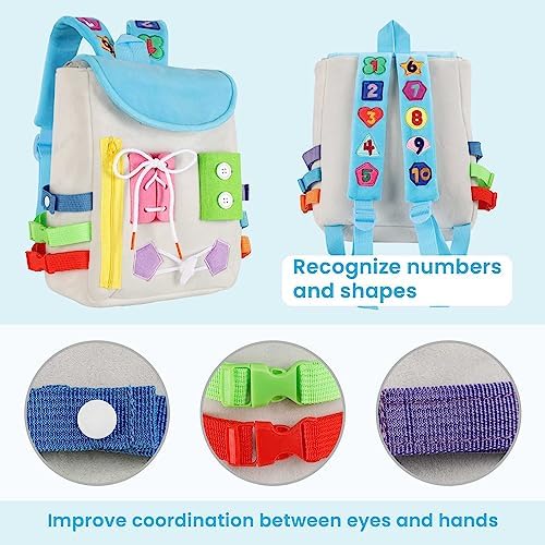 Busy Board - Toddler Backpack with Buckles and Learning Activity Toys - Develop Fine Motor Skills and Basic Life Skills - Learn to Tie Shoes - Children's Travel Toy (Grey) - Image 2