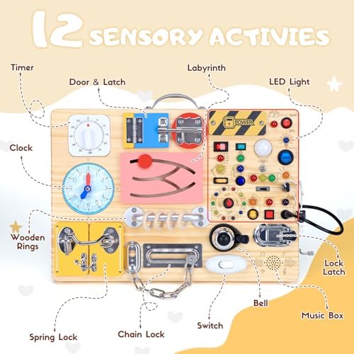 Busy Board with 13 LED Light Switches and 12 Activity, Montessori Toys for Toddlers, Wooden Toy Sensory Activity Board, Travel Toys for 1+ Year Old Boy & Girl Birthday Gift (25 in 1 Busy Board) - Image 2
