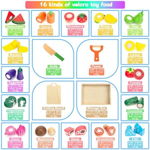 Wooden Play Food for Kids Kitchen, Fruits & Veggies & Food Cutting Toy Set - Image 2