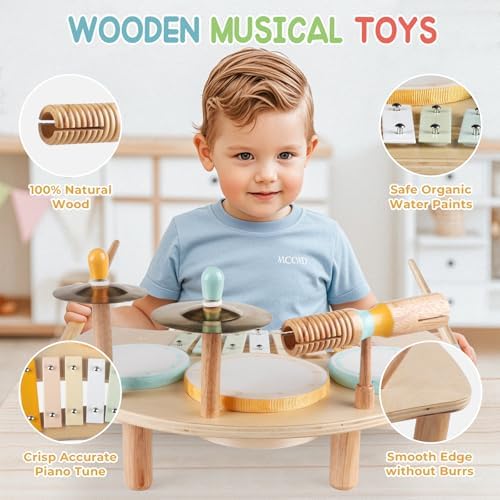 Kids Drum Set, Montessori Toys Wooden Musical Instruments for Baby Toddlers - Image 2
