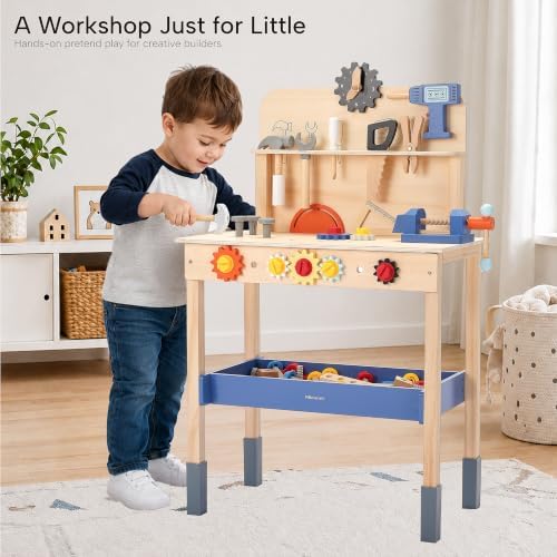 Pillowhale Large Wooden Play Tool Workbench Set with Assembly Toys, Workbench with Storage Space for Kids, Pretend Construction Tools Set Wooden Toy Drill Gift for Boys & Girls Age 3-5 - Image 2