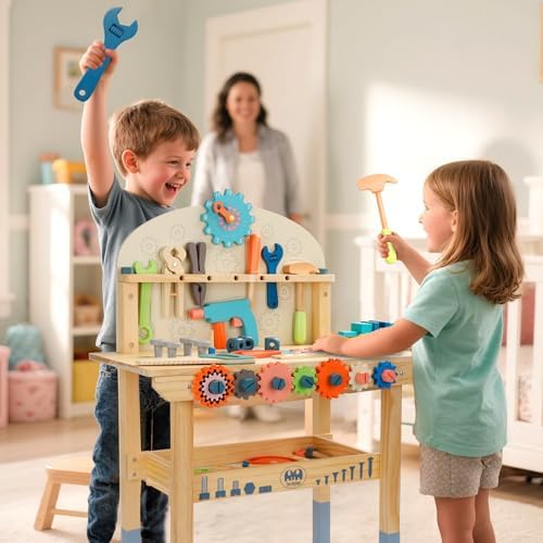Tool Bench for Kids Toy Play Workbench Wooden Tool Bench Workshop Workbench with Tools Set Wooden Construction Bench Toy for 3 4 5 Year Old Boys and Girls - Image 6
