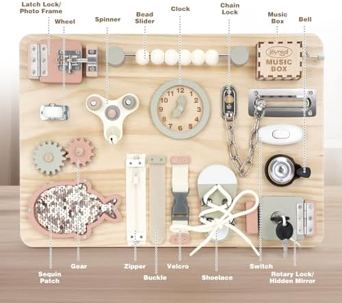 Joyreal Montessori Large Busy Board with Stand, Montessori Sensory Toys for Fine Motor Skills, Wooden Fidget Activity Board for Toddlers, Gifts for Boys Girls (Large Neutral) - Image 2