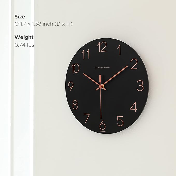 mooas Flatwood Wall Clock (Black),12" Non-Ticking Sweep Movement - Image 9