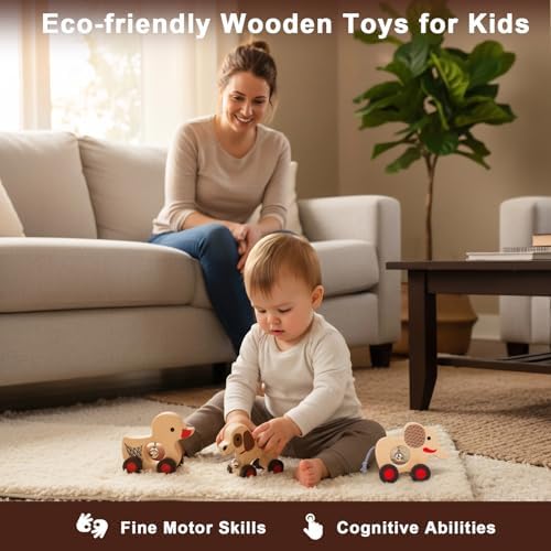 Wooden Animal Rattle with Bell - Baby Toys 6-12 Months & Toddler Toys 1-3 Years | Montessori Sensory Shakers, Nursery Decor Gift Set (Dog, Duck, Elephant) - Image 2