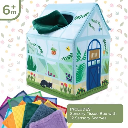 MindWare Sensory Sprouts Tissue Scarf - Montessori Toys for Babies 6-12 Months - Soft Greenhouse-Shaped Tissue Box and 12 Sensory Scarves Featuring Different Textures - Image 2