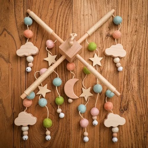 Wooden Bed Bell Crib Mobile with Music Box – Soft Felt Cartoon Bear Hanging Rattle Toy for Nursery Decor, Handcrafted Montessori-Inspired Crib Mobile (Candy) - Image 2