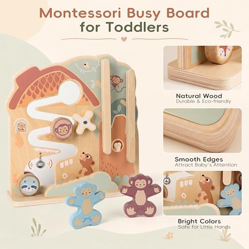 Lewo Montessori Busy Board, Wooden Sensory Activity Toys for Toddlers 3 4 5 (Monkeys) - Image 2