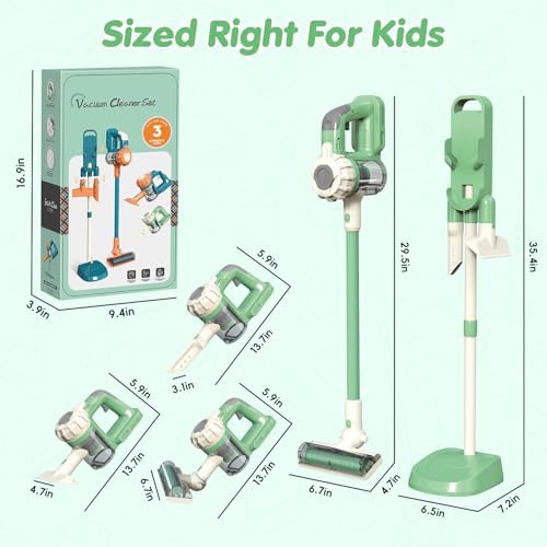 3-in-1 Kids Vacuum that Really Works with Real Suction, Cordless Toddler Toy Vacuum Cleaner, Interactive Pretend Play Cleaning Set for Ages 3+ (Green) - Image 7