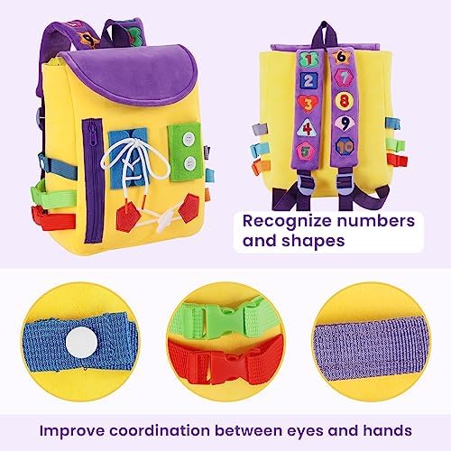 Busy Board - Toddler Backpack with Buckles and Learning Activity Toys - Develop Fine Motor Skills and Basic Life Skills - Learn to Tie Shoes - Children's Travel Toy (Yellow) - Image 2