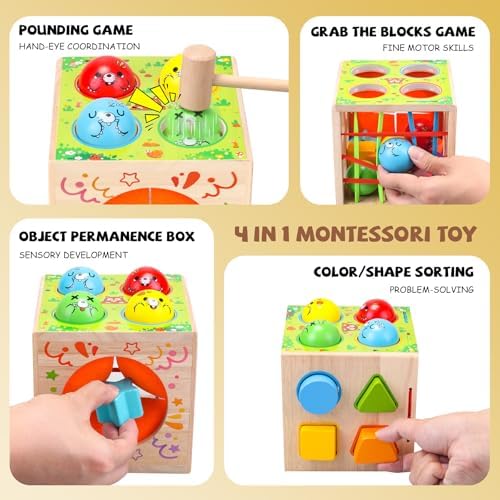 4-in-1 Montessori Toys for 1+ Year Old - Shape Sorting Activity Cube, Hammer Pounding Game, Baby Blocks & Sensory Toys for Toddlers 1-3, Wooden Toy Gift for 1 Year Old Boys and Girls - Image 2
