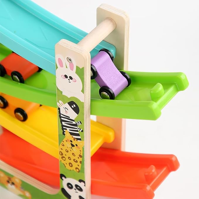 Wooden Car Ramp Toy for 1 2 3 Year Old Boys and Girls 4 Level Toddler Race Track with 8 Mini Cars Garage - Montessori Toys for 1-3 Year Old Christmas Birthday Gifts