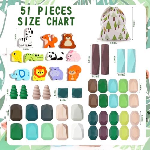 HAPGFS 51 PCS Wooden Stacking Rocks Toys Set for Kids Educational Stacking Blocks Building Blocks for Toddlers 1-3 Forest Theme Montessori Toys Creative Stacking Game for Children - Image 2