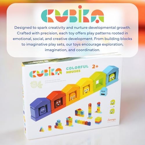 CUBIKA Wooden Construction Set Colorful Houses – 24-Piece Construction Play Set with Emotion Characters for Toddlers 2+– Montessori Toy for Creativity, Cognitive Development, and Emotion Recognition - Image 7