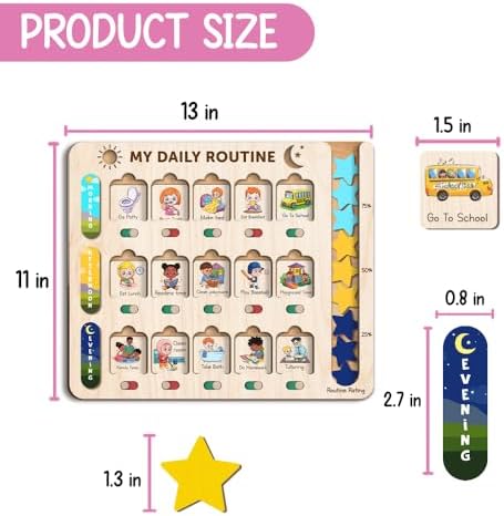 My Daily Routine Chart for Kids 11x13 Inch – Wooden Chore Chart with Visual Cards, Morning Afternoon Evening Schedule Board, Sliding Tracker & Star Reward System for Toddlers & Preschool Learning - Image 7