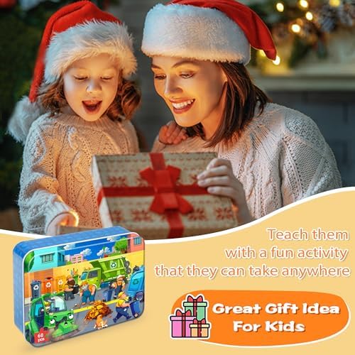 LELEMON Ocean Puzzles for Kids Ages 4-6,Recycling Garbage Truck 60 Piece Puzzles for Kids Ages 4-8,Children Jigsaw Puzzles in a Metal Box,Educational Learning Puzzle Toys for Girls and Boys - Image 7