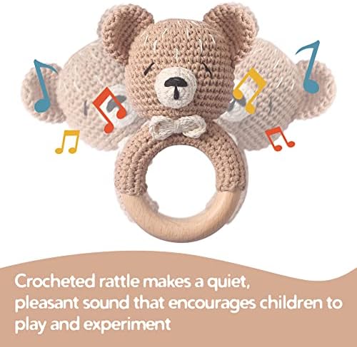 WOODEN TEETHER Baby Rattle, Shaker Toy,Crochet Baby Rattle, Crochet Baby Toys, Organic Wooden Newborn Toys, Newborn Animal Rattle Toys,Knitted Stuffed Animals Gifts for Baby, Kahki Bear - Image 2
