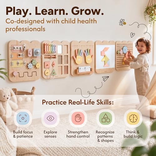 5 Panels, Wall Busy Board for Toddlers 2–7, 25-in-1 Montessori Wall Activity Board, Wooden Busy Board Wall Mounted, Sensory Wall Panel for Kids, Toddler wall Activity, Large Modular System - Image 2