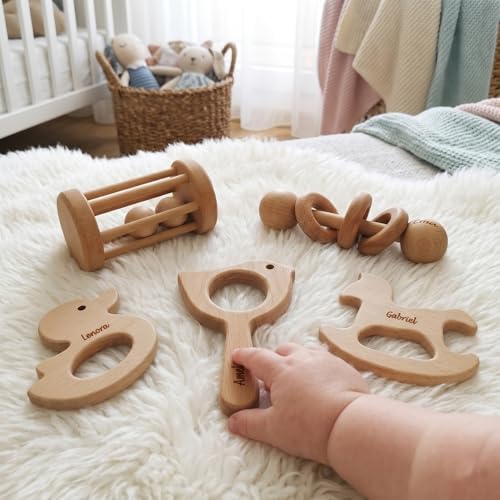 Personalized 5 Pieces Wooden Baby Toys for Babies 0-6-12 Months Rattle, Teethers Customized Wood Teething Toys Gifts for Baby, Teething Toys Baby Rattles 0-6 Months Montessori Toys for Babies - Image 7