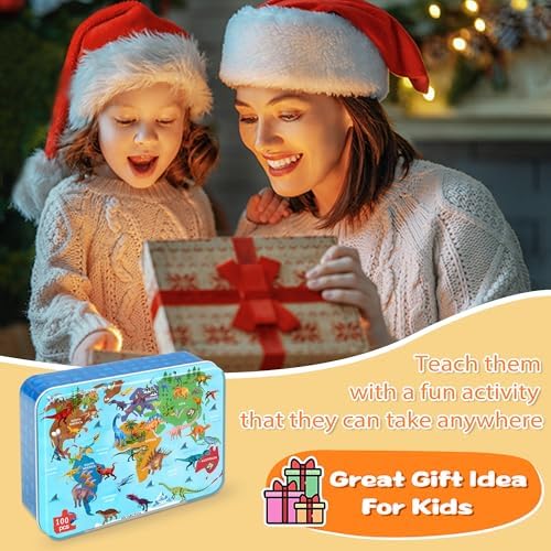 LELEMON Puzzles for Kids Ages 4-6,Dinosaur Map 100 Piece Puzzles for Kids Ages 6-8 in a Metal Box,Educational Jigsaw Puzzles,Childrens 100 Piece Puzzle Games Puzzle Toys for Girls and Boys - Image 7