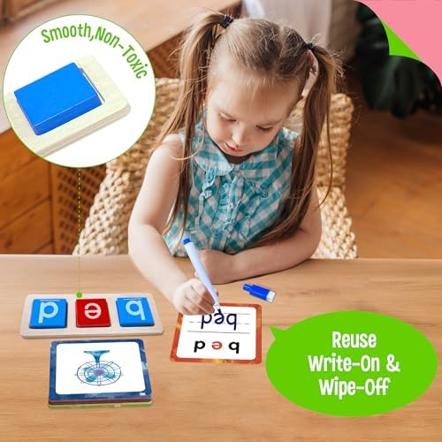 154 PCS Wooden CVC Word Spelling Game, Short Vowel Spelling Flashcards Sight Words Flash Cards Montessori Early Educational Toys for Preschool Kindergarten (5 Dry Erase Marker Included) - Image 6