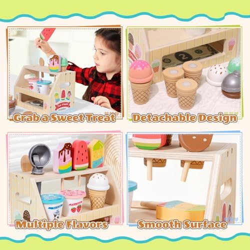 BROWNROOT Wooden Ice Cream Shop Toy with Menu and Play Money for Kids - Image 2
