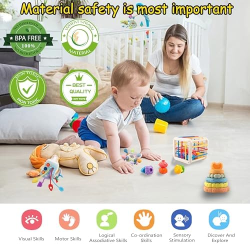 Baby Toys 0-6-12 Months,Montessori Toys for babise 0-6-12-18 Months,Incl Pull String Toy & Shape Sorter & Stacking Building Block & Manhattan ball & Baby Blocks,montessori baby toys for 1 + year - Image 7