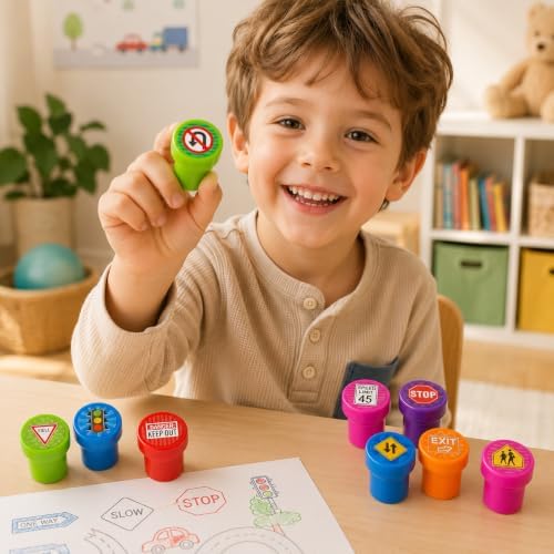 Cinrobiye 24 Pcs Traffic Sign Stampers Party Favor Set, Cute Road Safety Stamps for Kids Birthday Party, Classroom Rewards, Learning Activities, Goody Bag Fillers, Educational Party Supplies - Image 7