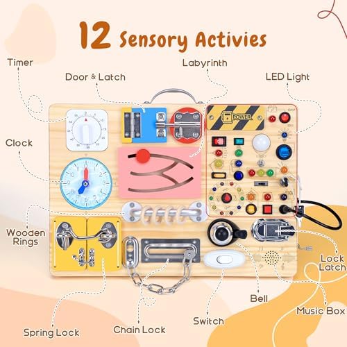 25 in 1 Busy Board with 13 LED Light Switches and 12 Activity, Montessori Toys for 1 2 3 Years Old, Wooden Sensory Board, Toddlers Travel Toys for 1+ Year Old Boy & Girl Birthday Gift(Extra-Large) - Image 2
