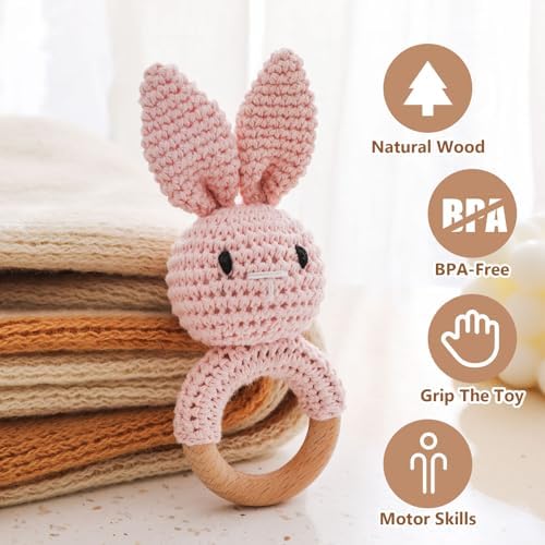 Wooden Baby Rattle,Crochet Bunny Rattle with Wood Ring, Newborn Wooden Animal Rattle Toy,Infant Pink Bunny Wood Rattle Toys - Image 2