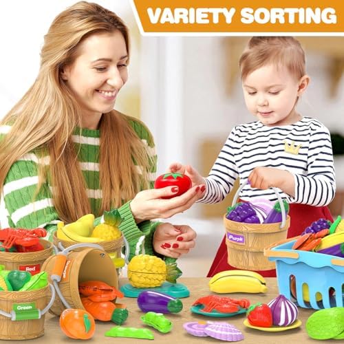 Play Food Toys with Shopping Storage Basket, Cutting Food Sorting Toy - Image 7