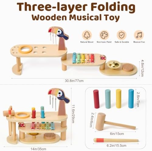 Foldable Musical Instruments Stage , 8-in-1 Montessori Wooden Toys Set Baby Musical Toys with Drum Set Xylophone Wind Chimes Cymbal, Toddlers Activity Table Birthday for Girls Boys - Image 2
