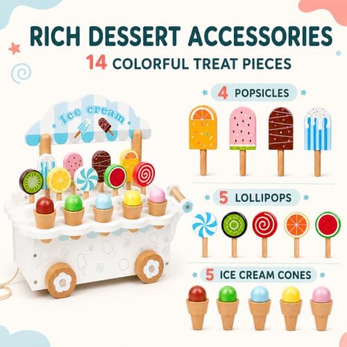 Wooden Ice Cream Cart Toy, Montessori Pretend Play Food Set with Popsicles, Lollipops & Ice Cream Cones, Pull Along Dessert Stand, Fine Motor Skills Gift for Toddlers Kids Ages 3+ - Image 2
