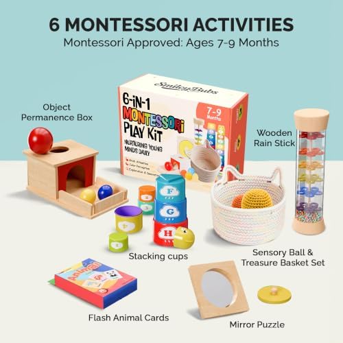 Montessori Baby Toys 7–9 Months, Developmental Tools for 7+ Month Babies, Baby Sensory Toys - A Sliding Box, Mirror Puzzle, Stacking Cups, Treasure Basket, Rain Stick, Animal Flashcards - Image 2
