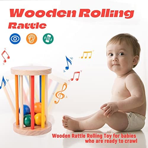 Montessori Toys for Babies 6-12 Months Wooden Rolling Drum Montssori Baby Sensory Toys for Wooden Rattle Spinning Rainbow,Boys and Girls Baby Gifts - Image 2