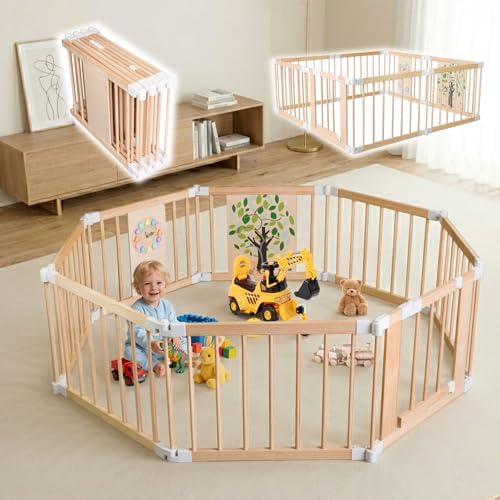 Foldable Wooden Baby Playpen with Locking Gate, Adjustable Baby Playard for Babies and Toddlers, Portable Collapsible Wooden Activity Center for Indoor Use - Image 2
