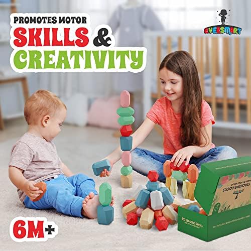 36 Pcs Wooden Stacking Blocks – Montessori Toys for 1 2 3 4 5 6 Year Old Toddlers and Kids, XL Rocks, No Choking Hazard – Sensory STEM Building Stones, for Girls and Boys - Image 2