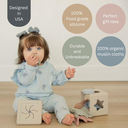 Brooklyn Neutral Silicone Shape Sorter & Tissue Box Toy with Organic Muslin Cotton Cloths - Baby Toys for Development - Montessori Learning Toys for 1 Year Old-Educational Non-Toxic Toy - Image 2