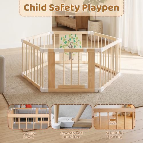 Wooden Baby Playpen with Child Safety Lock, 6-Panel Adjustable Foldable Play Yard for Toddlers, Tree Activity Board Montessori Playpen, Portable Indoor Baby Fence & Activity Center for Infant - Image 7