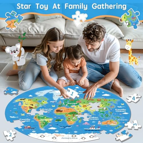72 Piece World Map Jigsaw Puzzle for Kids 3-5, 4-6 Globe Round Floor Puzzles Geography Educational Birthday Gifts Learning Resource Educational Montessori Toys (World Map) - Image 7