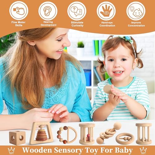Wooden Baby Toy 8pcs, Montessori Toys for Babies 1-3 Years Old, Wooden Rattles Toy Set for Infant Grasping, Sensory Development, Gift for Baby Boys Girls (Natural Wood) - Image 2