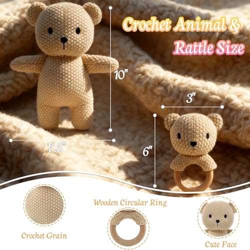 10" Crochet Bear Stuffed Animal with Rattle, Pure Cotton Soft Crochet Doll Plush Toy for Newborn, Handmade First Birthday Gift - Image 2