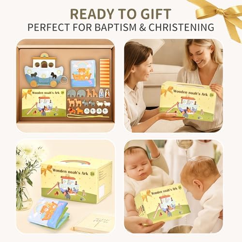 Wooden Noah's Ark Pull Along Toy with Bible Story Cloth Book - Montessori Sorting Set for Toddlers - Religious Baptism Gift for Boys & Girls -Christian Preschool Learning Toy for Kids - Image 7