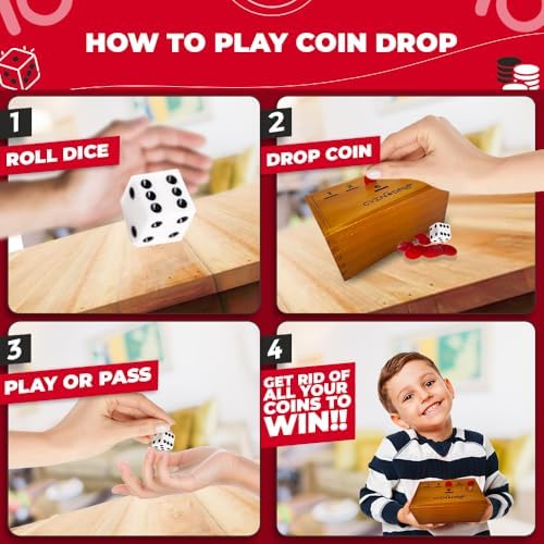Swooc Games - Coin Drop™ | Simple + Strategic Dice Games for Families with Coins Included for 2-6 Players | Works W/Pennies Too | Get Rid of Coins to Win | Board Games for Kids | Penny Game Wood Box - Image 2