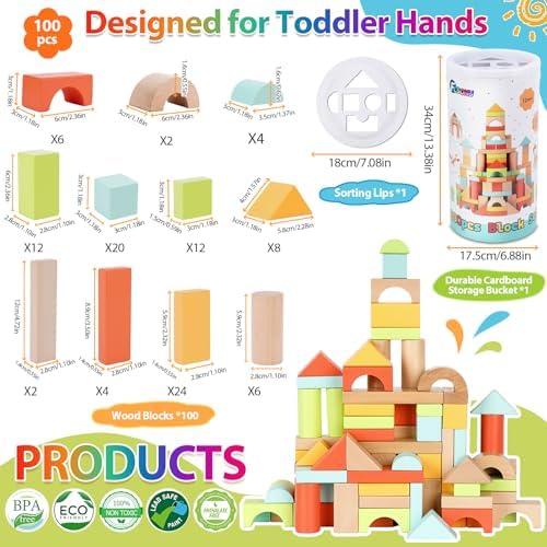 FCSONU Wooden Building Blocks for Toddlers 1-3, 100Pcs Kids Wood Blocks Set - Image 2