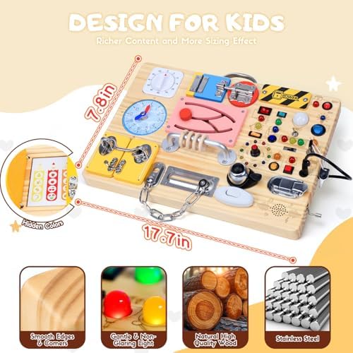 Busy Board with 13 LED Light Switches and 12 Activity, Montessori Toys for Toddlers, Wooden Toy Sensory Activity Board, Travel Toys for 1+ Year Old Boy & Girl Birthday Gift (25 in 1 Busy Board) - Image 7